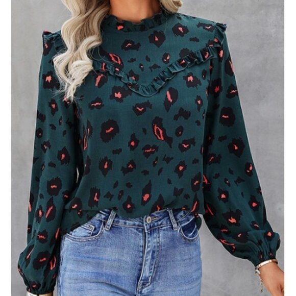 𝅺WOMEN'S Green and Pink Leopard Ruffled Blouse - Picture 2 of 5